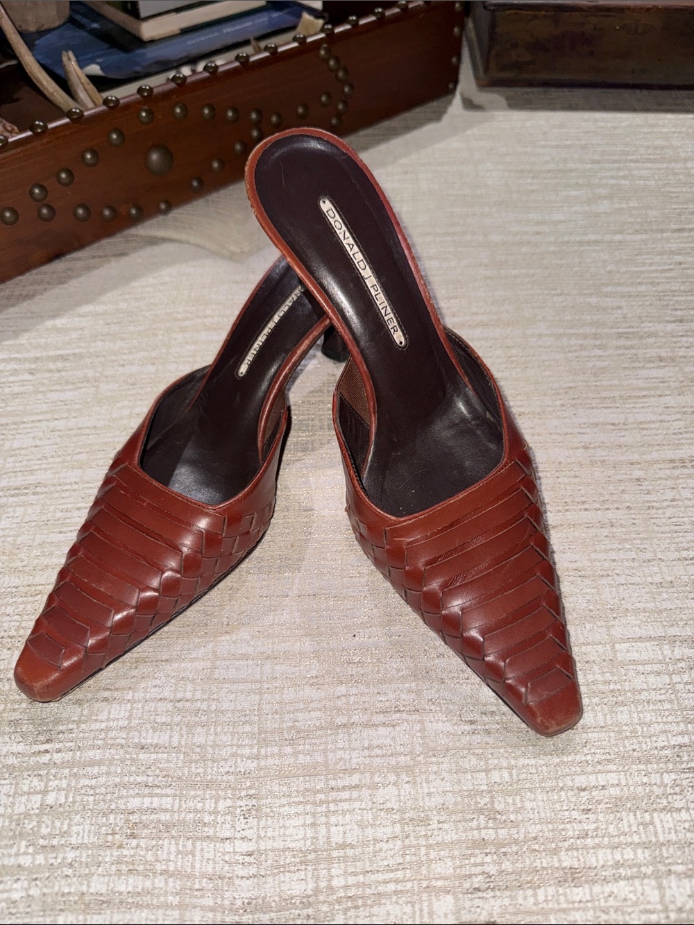 Donald J. Pliner Woven Leather Pointed Mule in Chestnut Brown size 8
